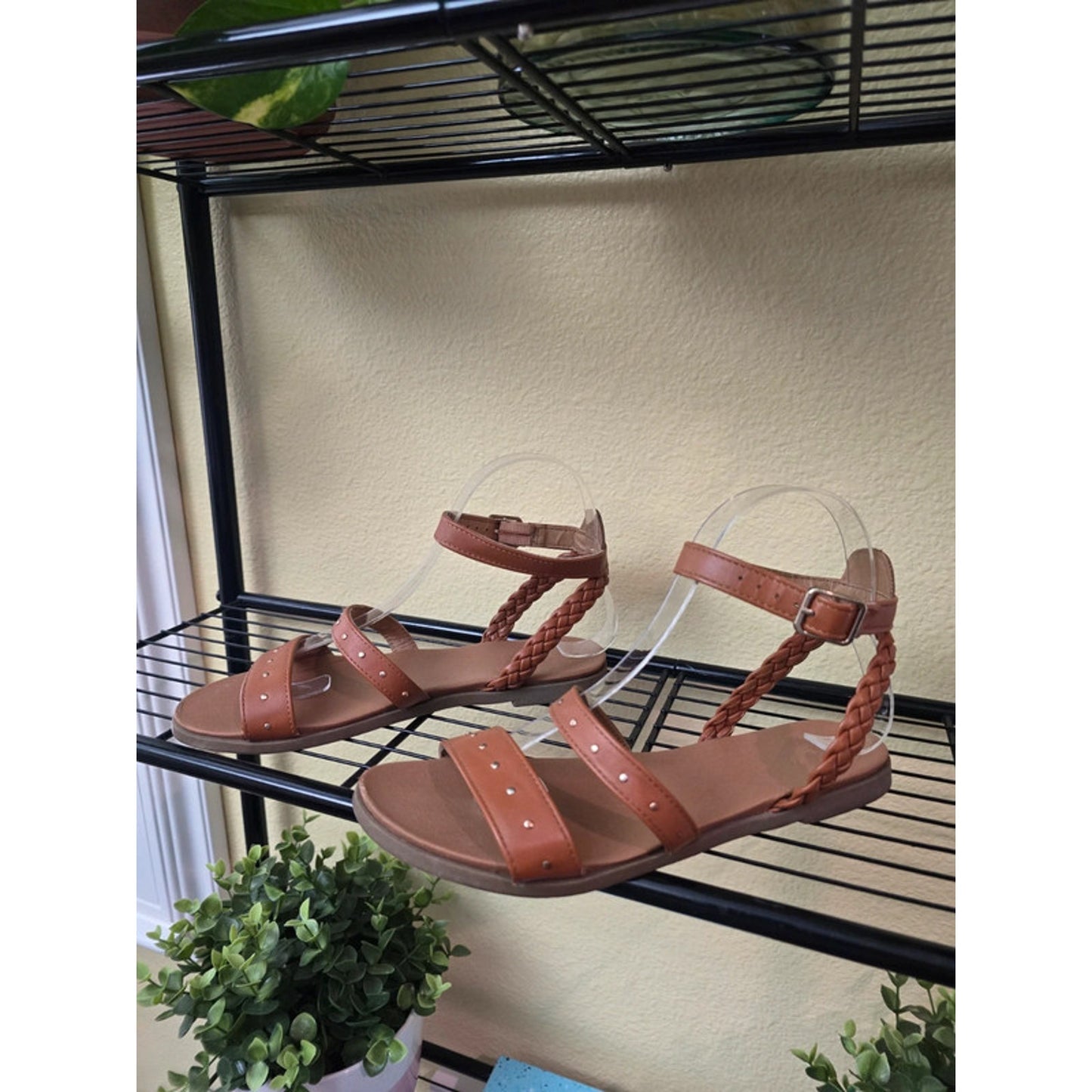 Report Studded Brown Flat Braided Strap Sandals Size 6M