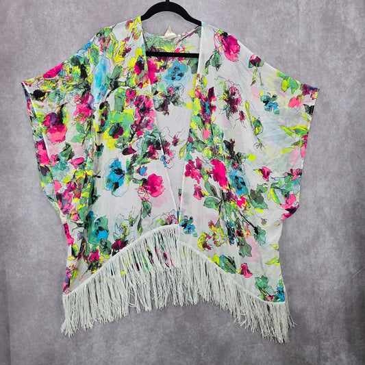 OP White Floral Fringe Boho Beach Swim Cover Up Duster Kimono XL Extra Large