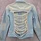 Blue Wash Raw Jeans Denim Distress Button Jacket Small