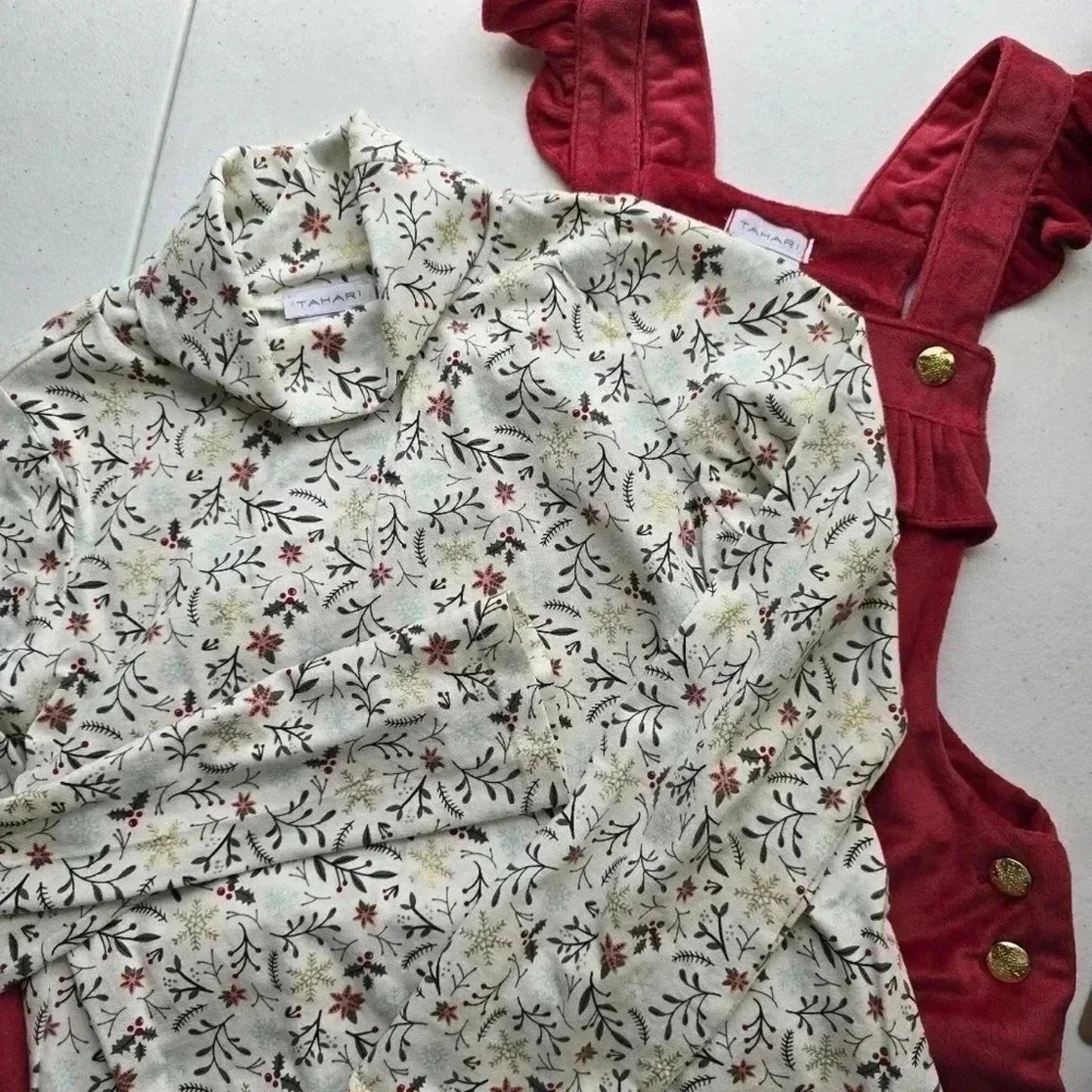 Tahari Red Ruffle Overall Jumper 2 Piece Long Sleeve Dress Holiday Girls Size 7