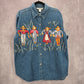 DressBarn Blue Embroidered Scarecrows VTG Button Y2K Cotton Denim Shirt L Large
