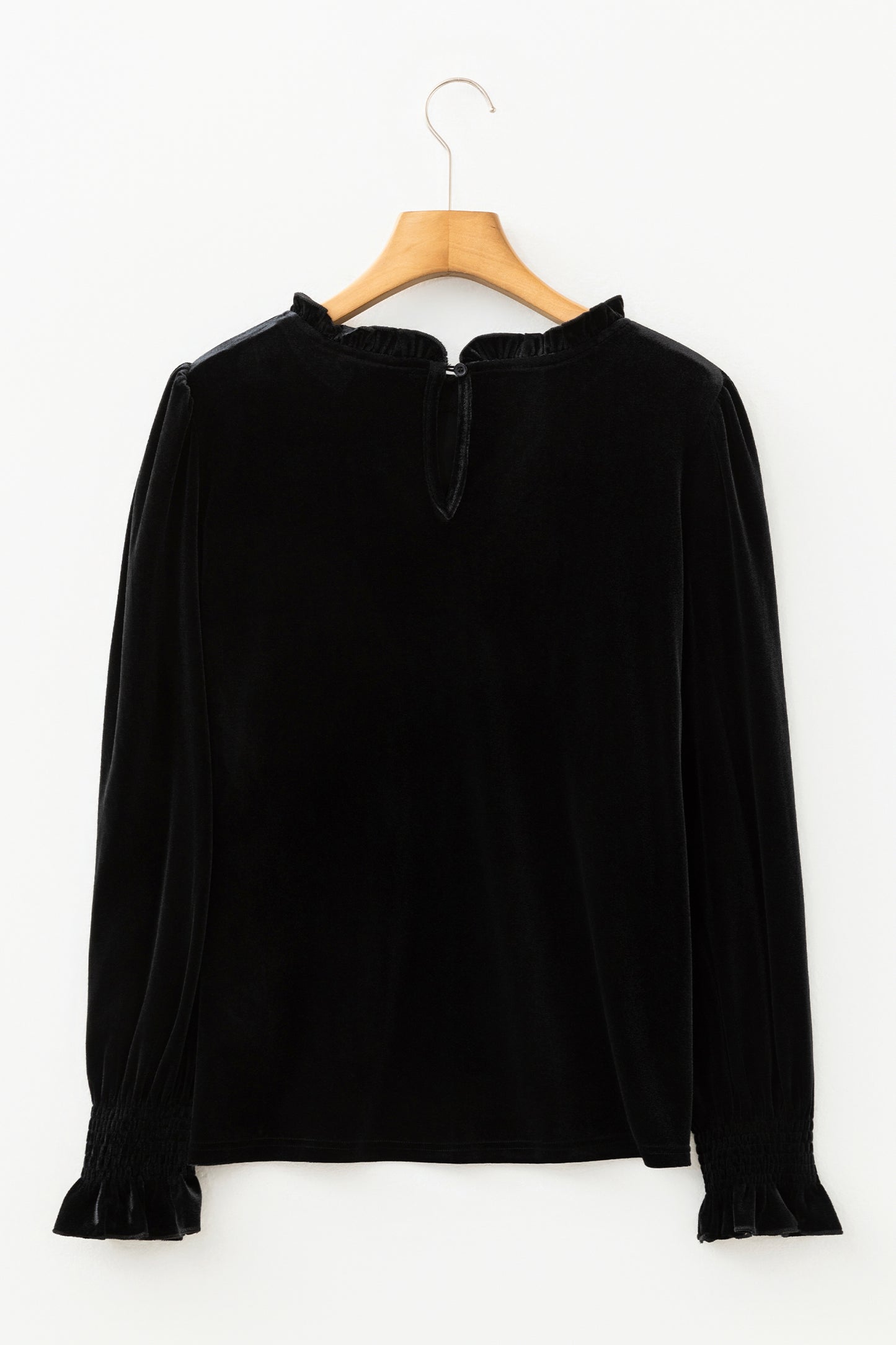 Black Frilled Collared Smocked Cuffs Puff Sleeve Velvet Blouse