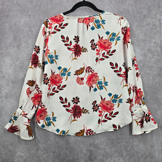 Ann Taylor Loft Petite White Floral Long Sleeve Flare Spring Top Blouse XXSP