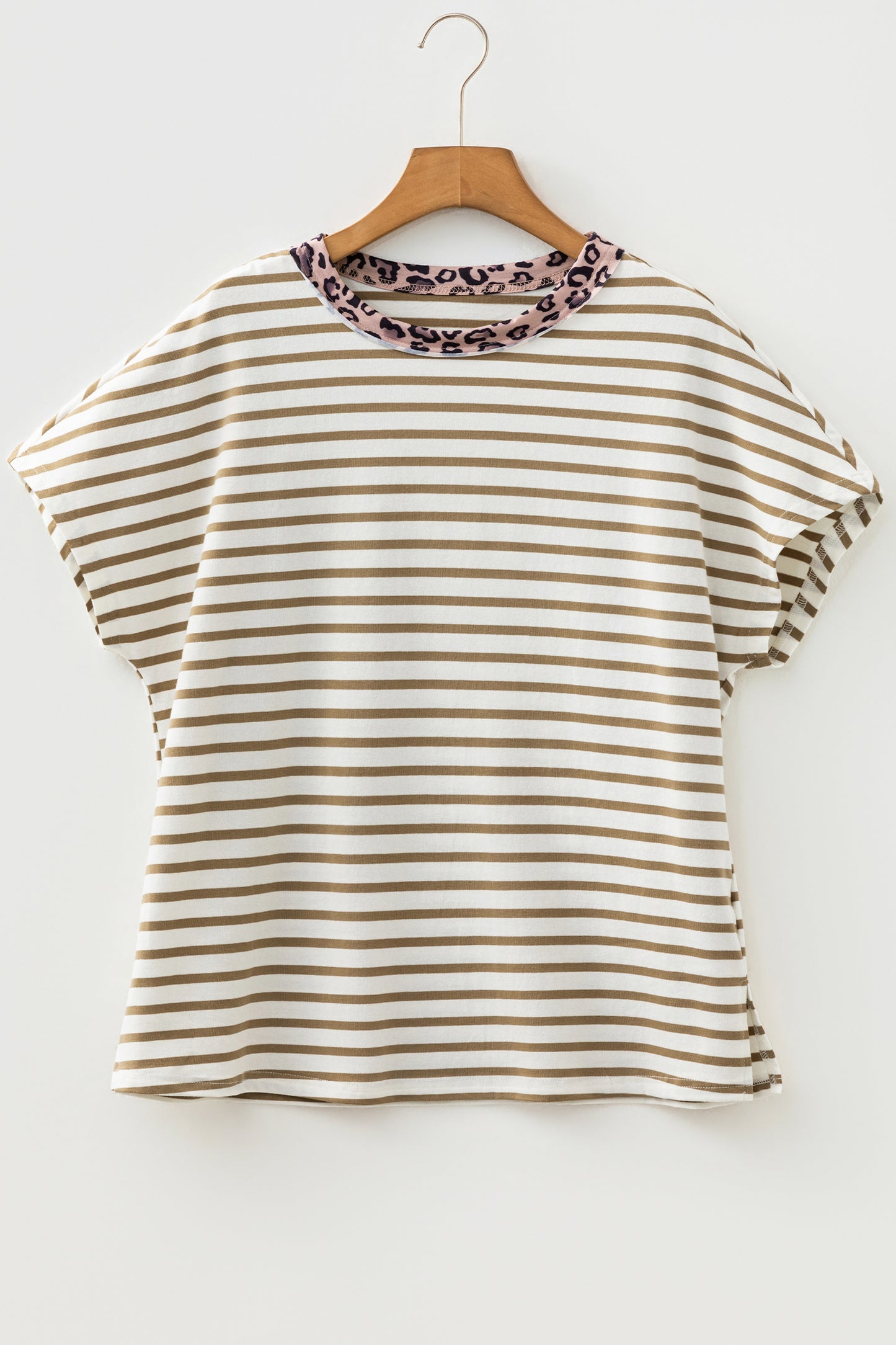 Khaki Stripe Leopard Patchwork Round Neck Loose T Shirt