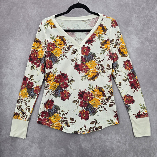 Time and Tru White Floral Long Sleeve Boho Thermal Sweater Cardigan Top Medium