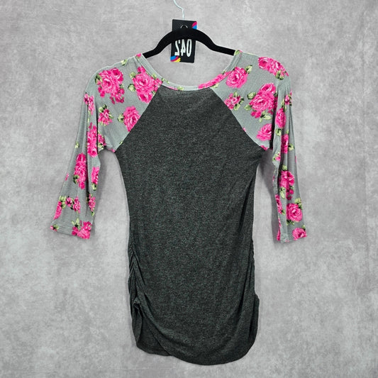 American Dream Gray Floral Ruched Casual Top Small
