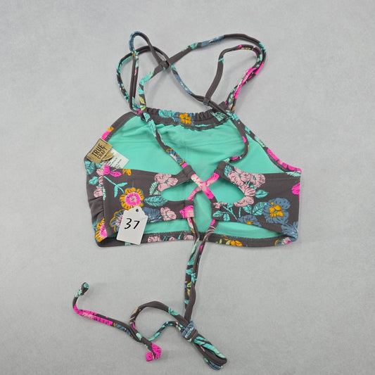 True Craft Gray Floral Halter Tie Padded Active Bikini Bralette Swim Top S Small