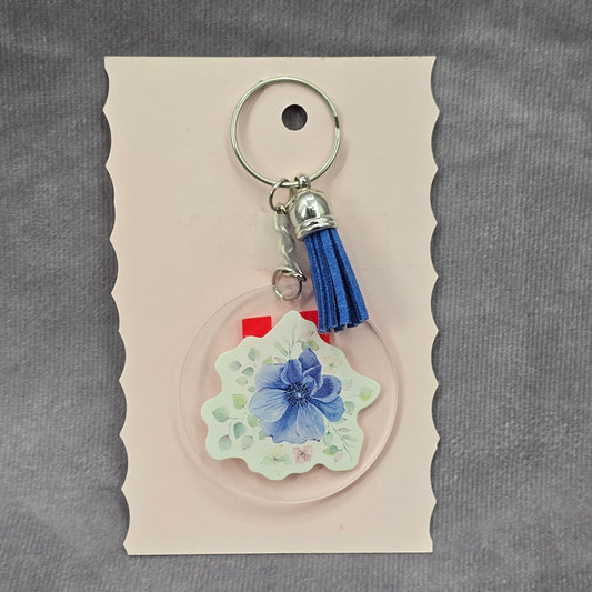 Letter Keychain Clear Silver Circle Handmade Acrylic Tassel Flower U Blue
