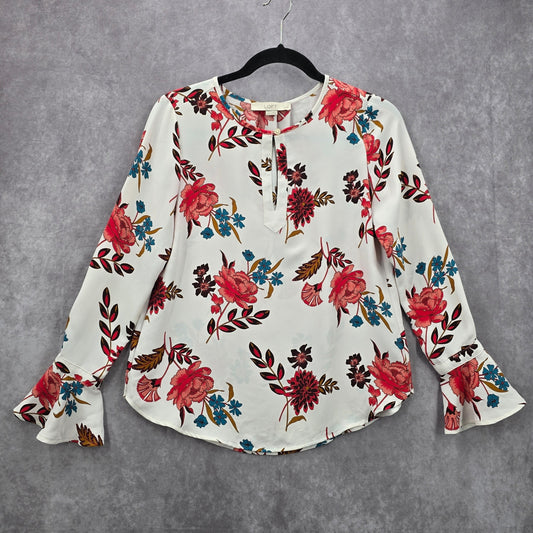 Ann Taylor Loft Petite White Floral Long Sleeve Flare Spring Top Blouse XXSP