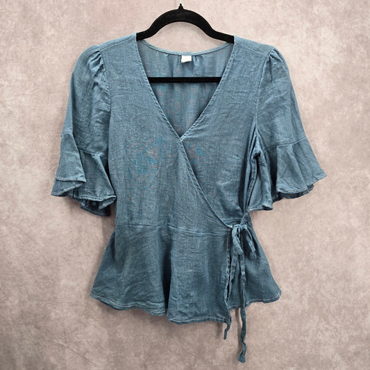 Old Navy Blue Ruffle Wrap Flare Peplum Cotton Linen Top XS