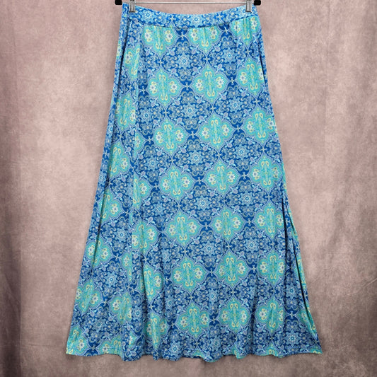 Mix & Co Blue Floral Paisley Boho Maxi Long Stretch Flare Skirt Plus 2X