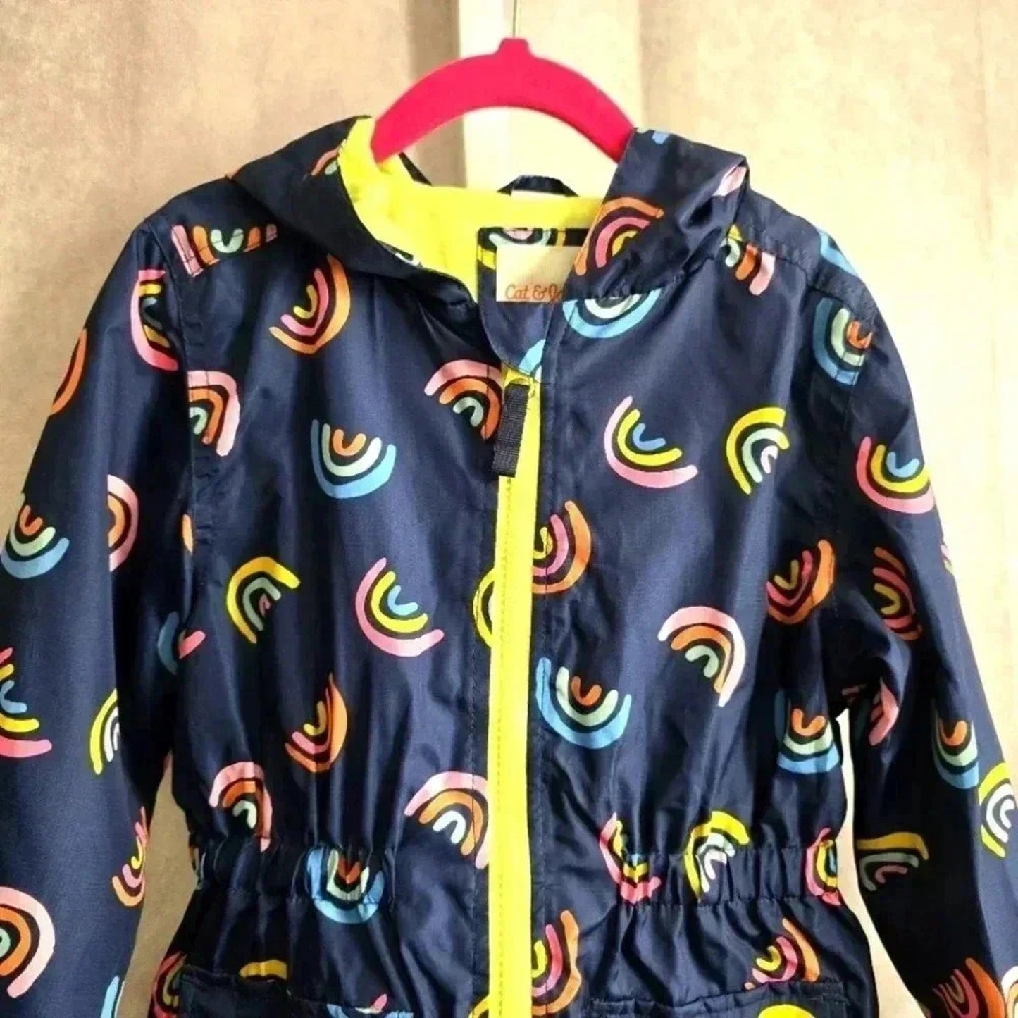 Cat & Jack Blue Green Zip Up Rainbow Hood Raincoat Coat Jacket Girls XS 4/5