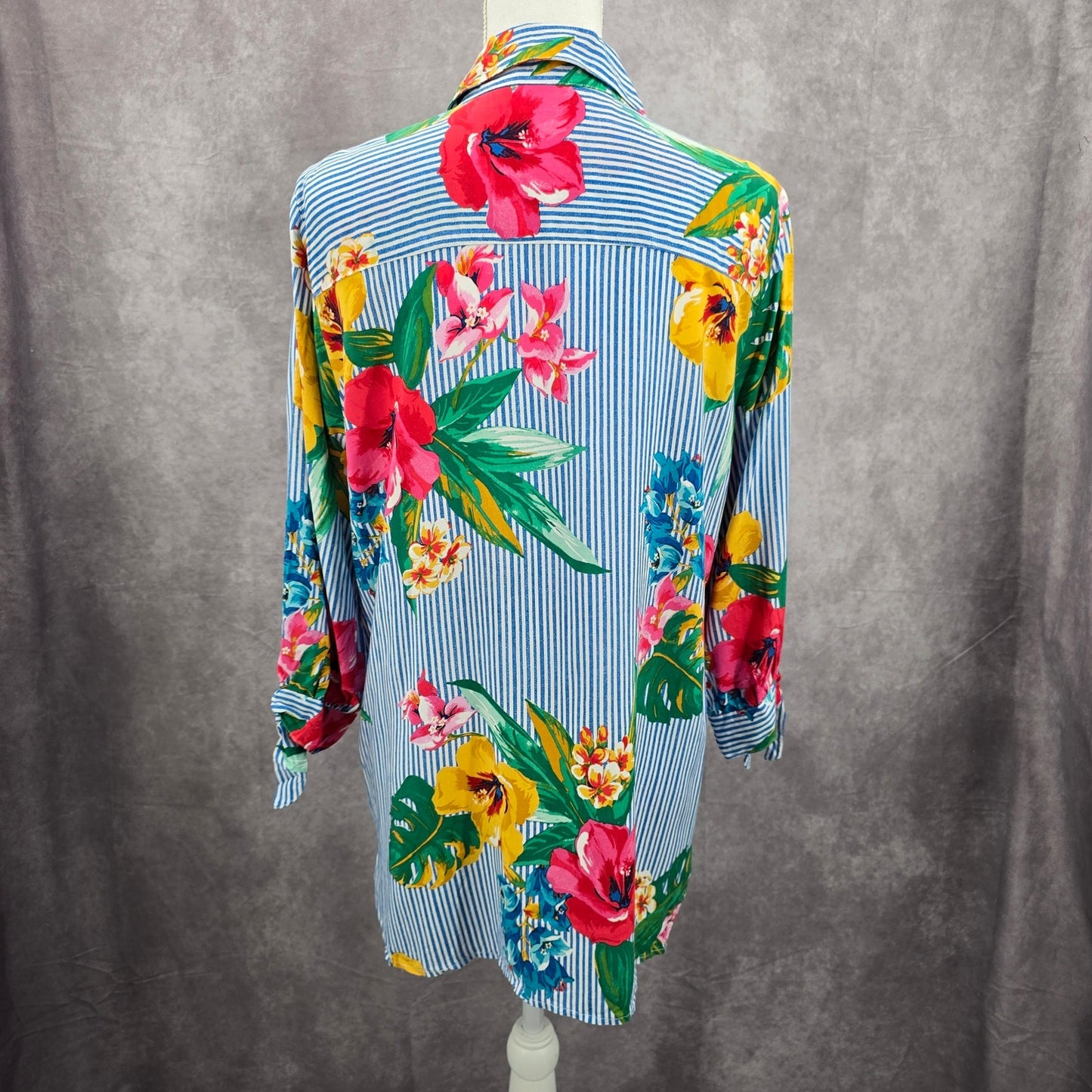 Ruby Rd Blue Stripe Floral Button Up Shirt Top Medium