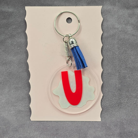 Letter Keychain Clear Silver Circle Handmade Acrylic Tassel Flower U Blue