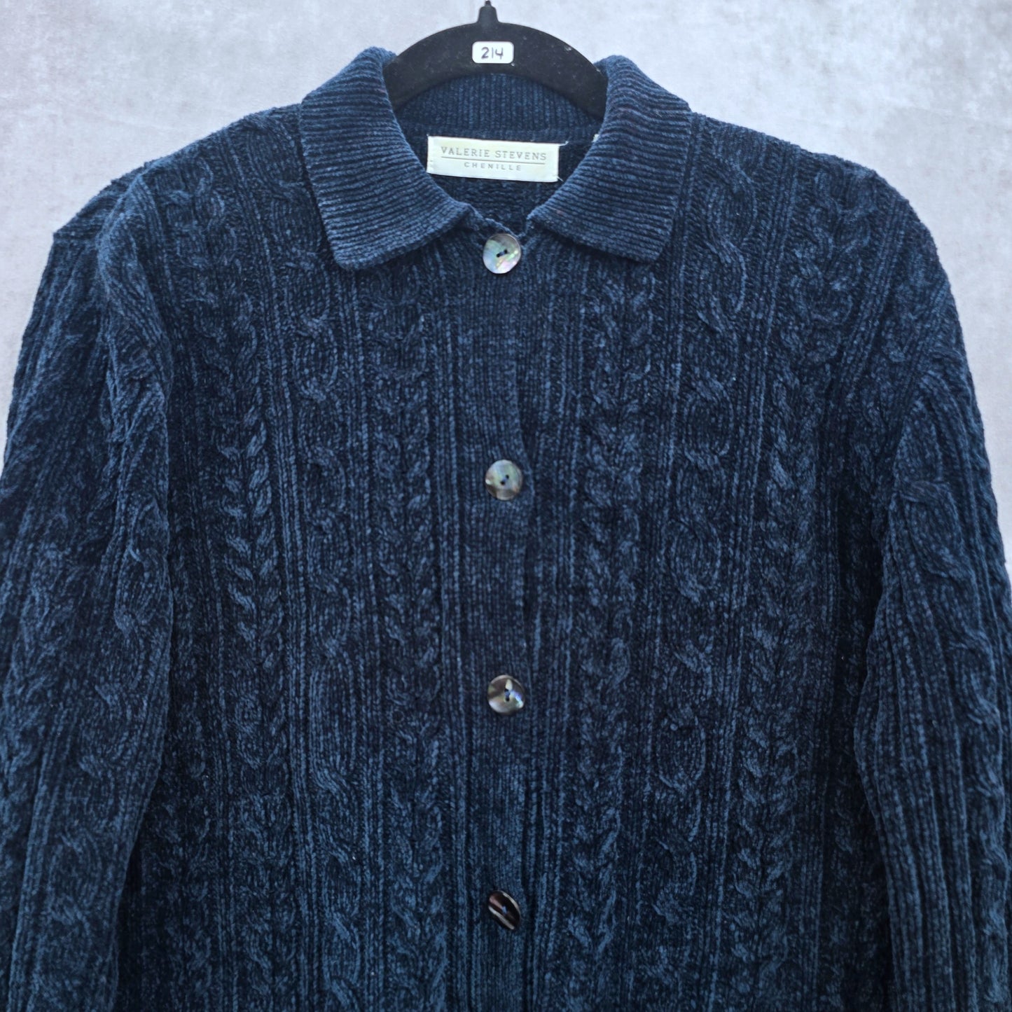 Valerie Stevens Blue Chenille Knit Granny Preppy Cozy Cardigan Sweater Large