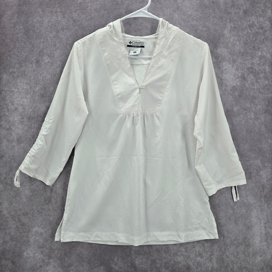 Columbia Sportswear White Hoodie Blouse Top Active Quarter Sleeve Shirt S Small
