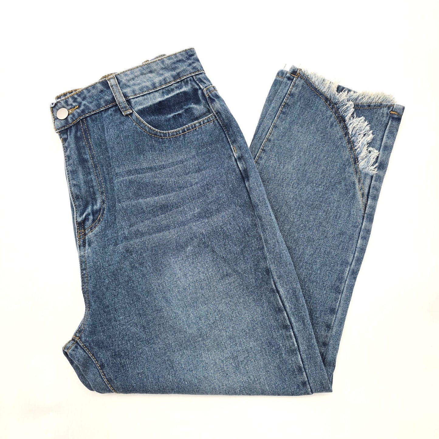 Blue Fringe Raw Hem Crisscross Denim Cotton Jeans Pants Bottoms 14 XL