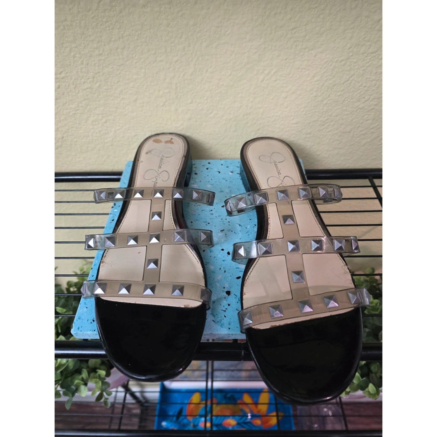 Jessica Simpson Black Studded Flat Slip Slide Sandals Size 8