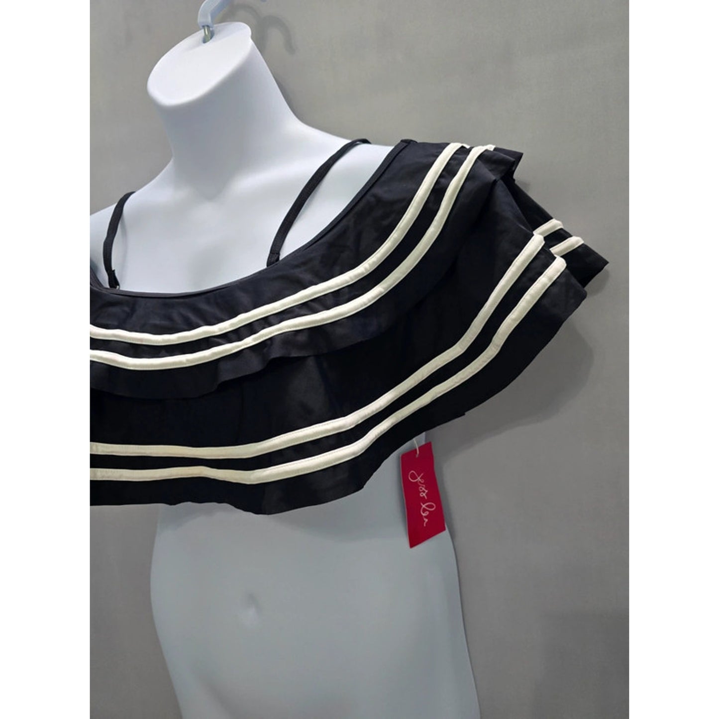 Jess Lea Black Soaking Up Sun Ruffle Swimsuit Stripe Top Large