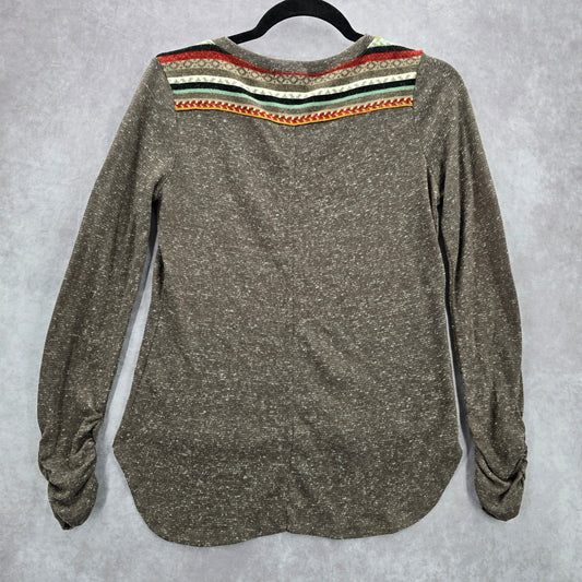 Love Tree Brown Stripe Print Long Sleeve High Low Ruched Top Sweater Medium