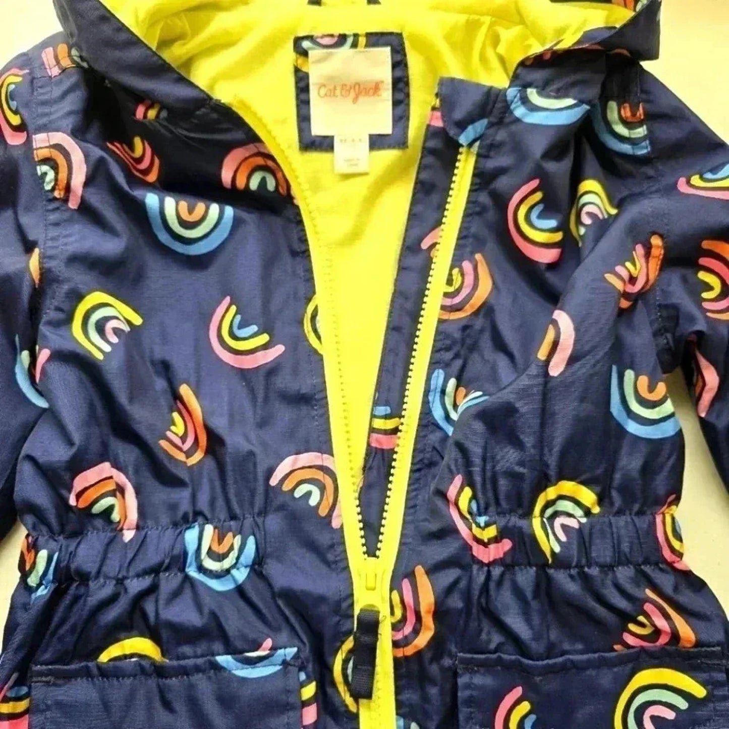 Cat & Jack Blue Green Zip Up Rainbow Hood Raincoat Coat Jacket Girls XS 4/5