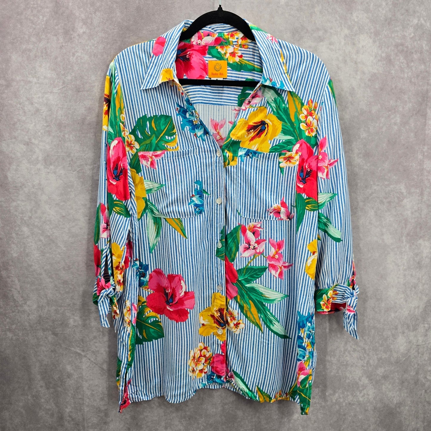 Ruby Rd Blue Stripe Floral Button Up Shirt Top Medium