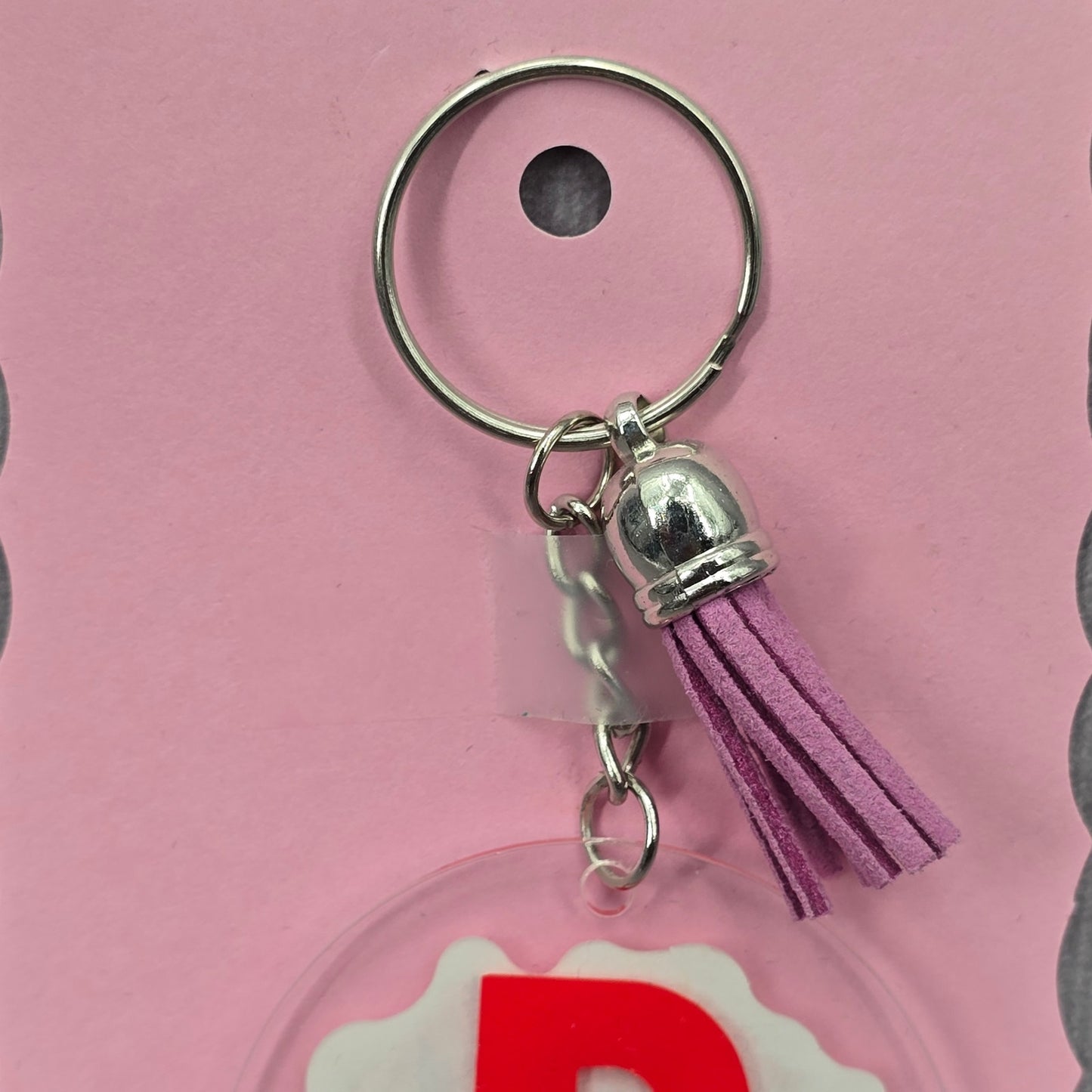 Letter Keychain Clear Silver Circle Handmade Acrylic Tassel Flower P Purple