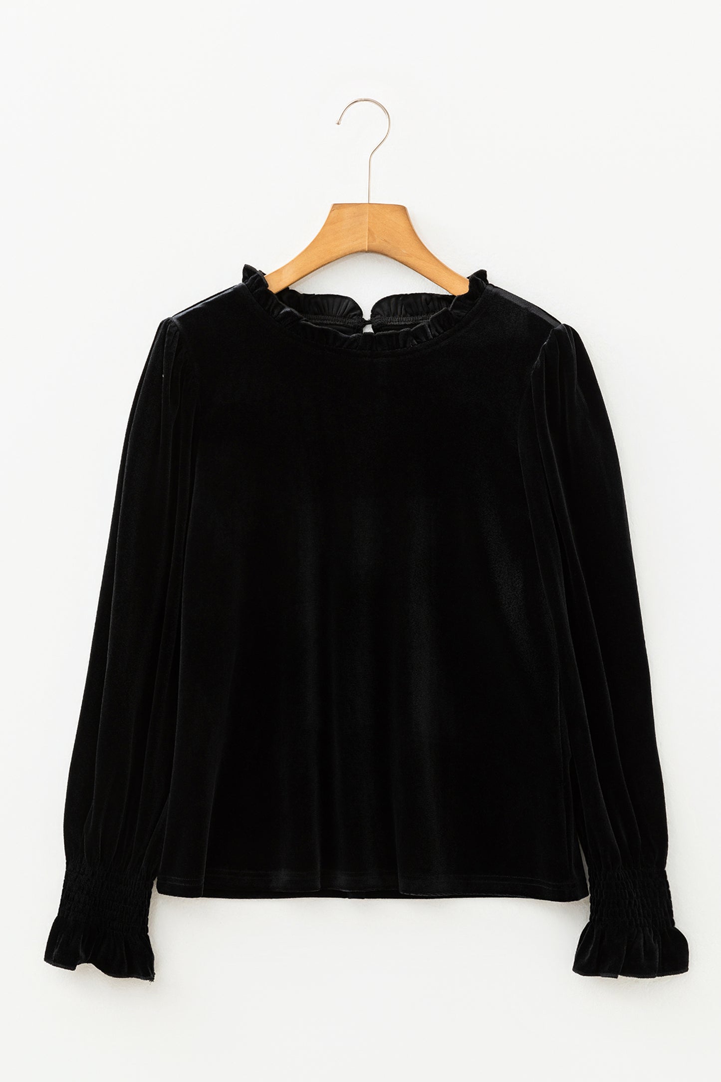 Black Frilled Collared Smocked Cuffs Puff Sleeve Velvet Blouse