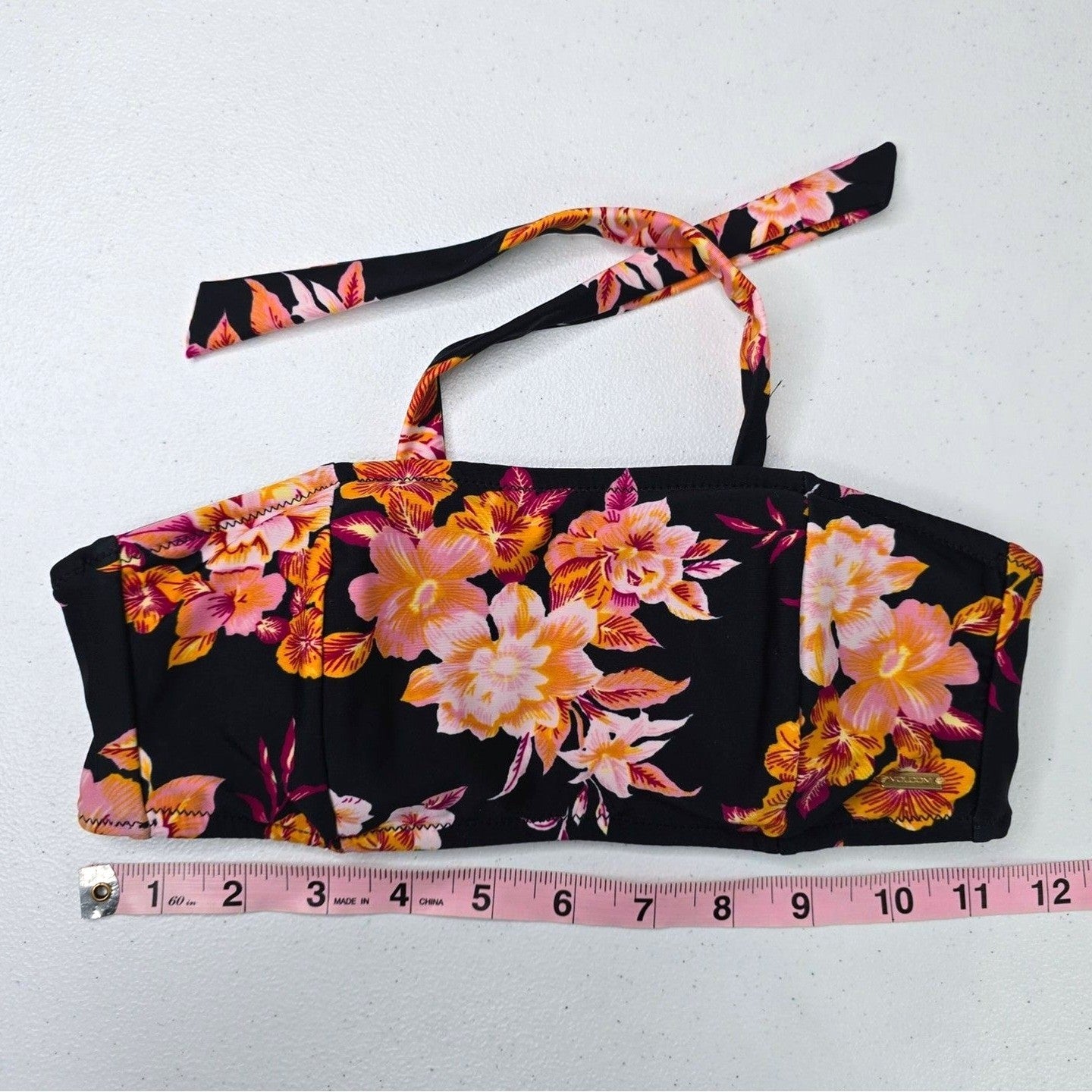 Volcom Black Orange Bikini Top Tie Halter Swimsuit Floral Bra Swimwear Y2K XS