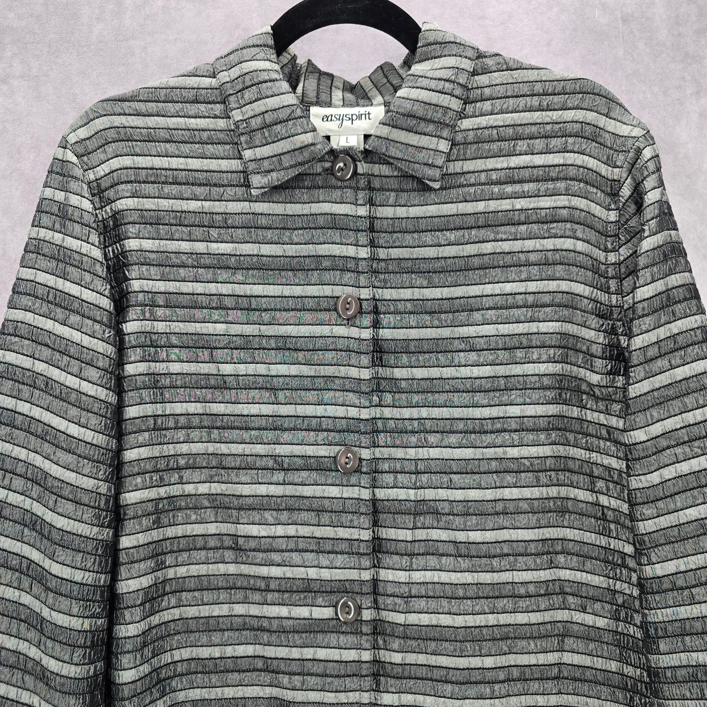 Easy Spirit Gray Stripe Button Metallic Long Sleeve Coat Jacket Large