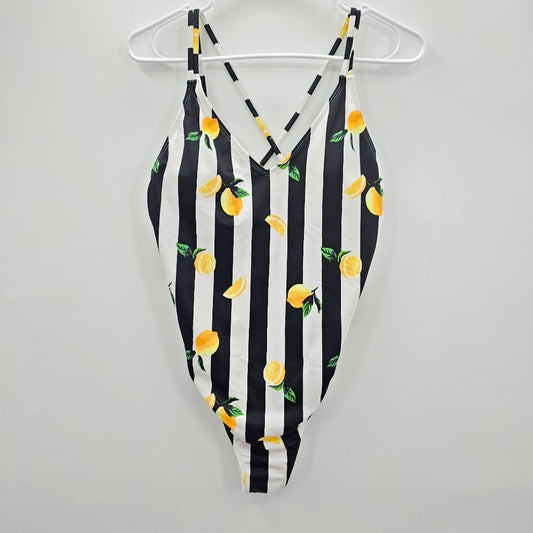 No Boundaries Black Stripe White Lemon One Piece Bathing Suit Swimwear Large