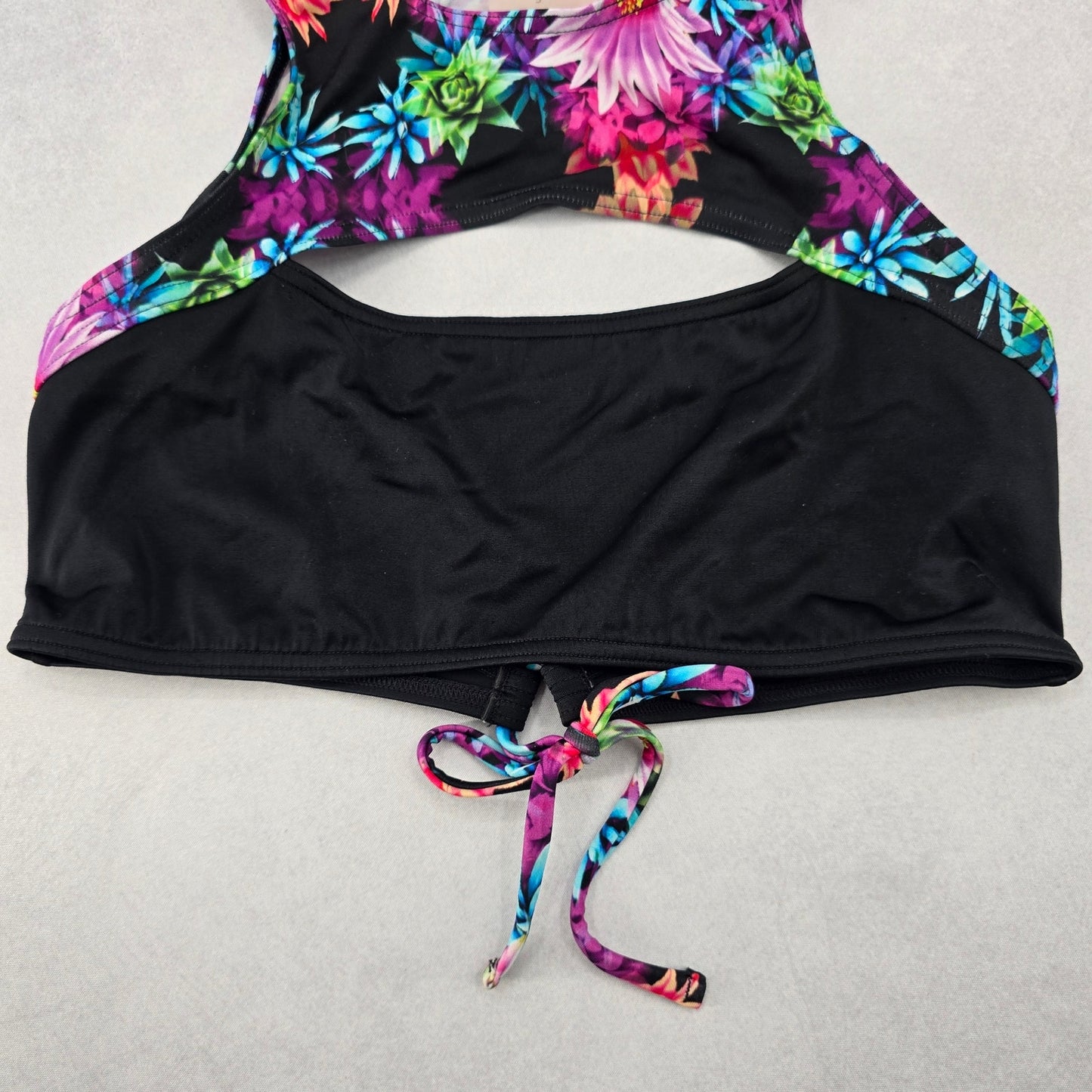 Neontide Black Floral Sports Bra Cutout Active Bikini Bralette Swim Top S Small