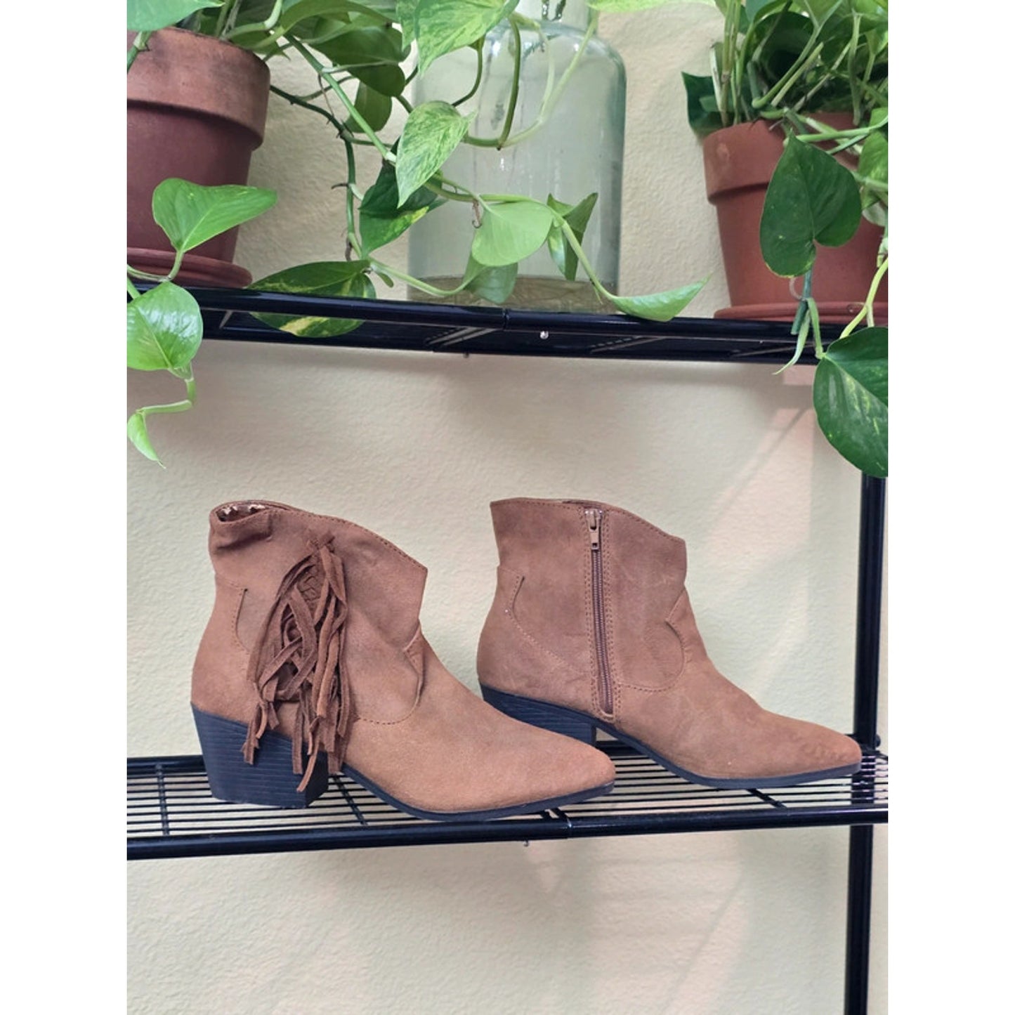 True Craft Brown Suede Fringe Zipper Ankle Boots Size 8.5