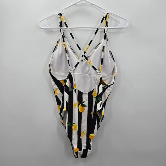 No Boundaries Black Stripe White Lemon One Piece Bathing Suit Swimwear Large