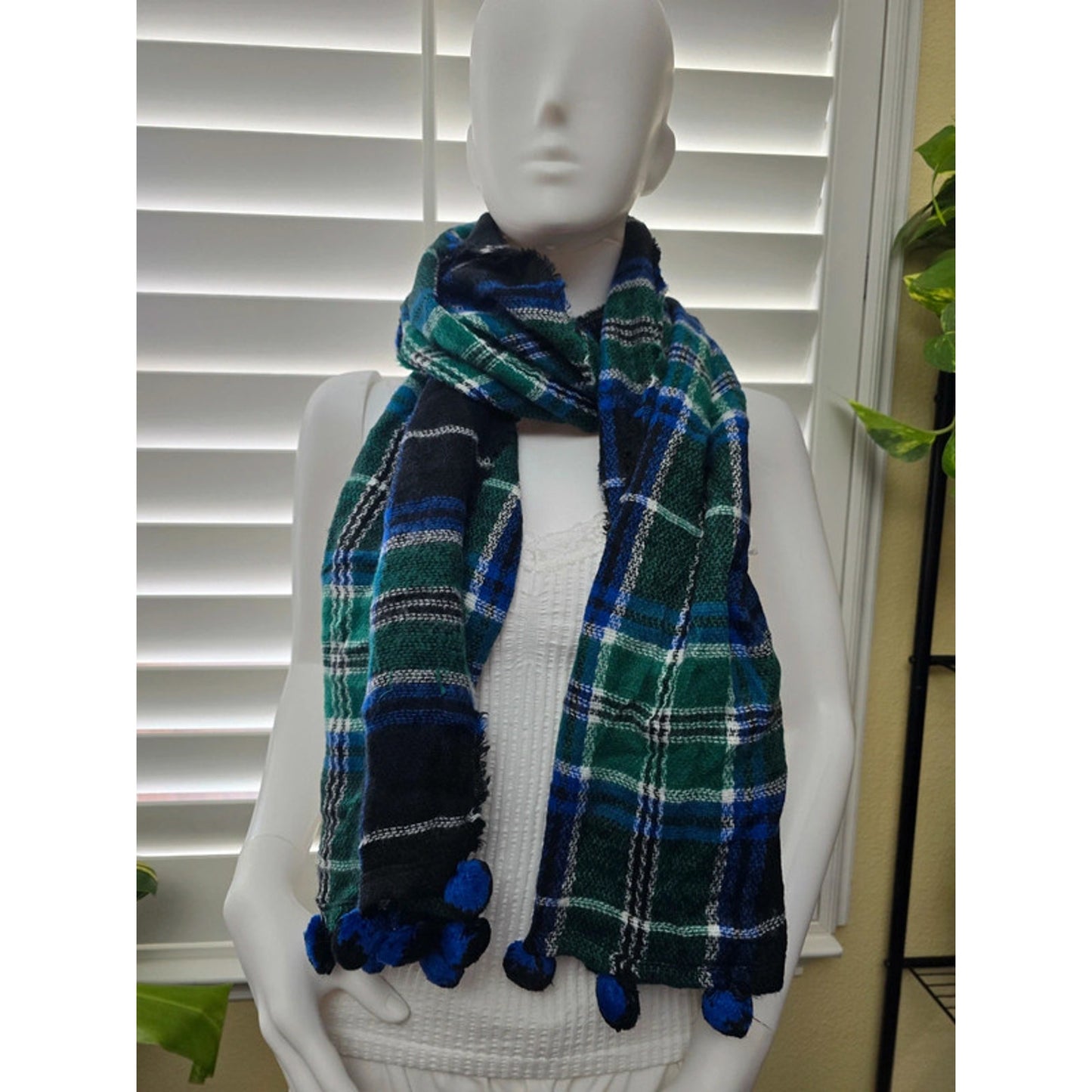 Est 1946 Green Pom Pom Plaid Long 90s Scarf OSFM