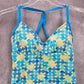 Blue Circle Print Crisscross Scrunch Tie Padded Swimwear Tankini Top Small 6