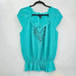 New Directions Green Short Sleeve Sequins L Ruffle Blouse Top Shirt Large