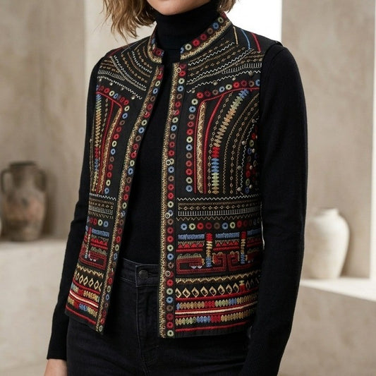 Black Indie Embroidered Western Studded Royal Snap Luxury Chico's Vest 1 Medium