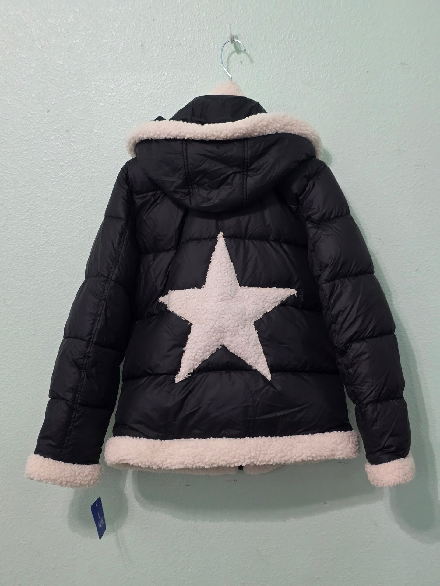 Black Sherpa Ski Snow Puffer Hood Star Whimsygoth Girls Sam Edelman Jacket L