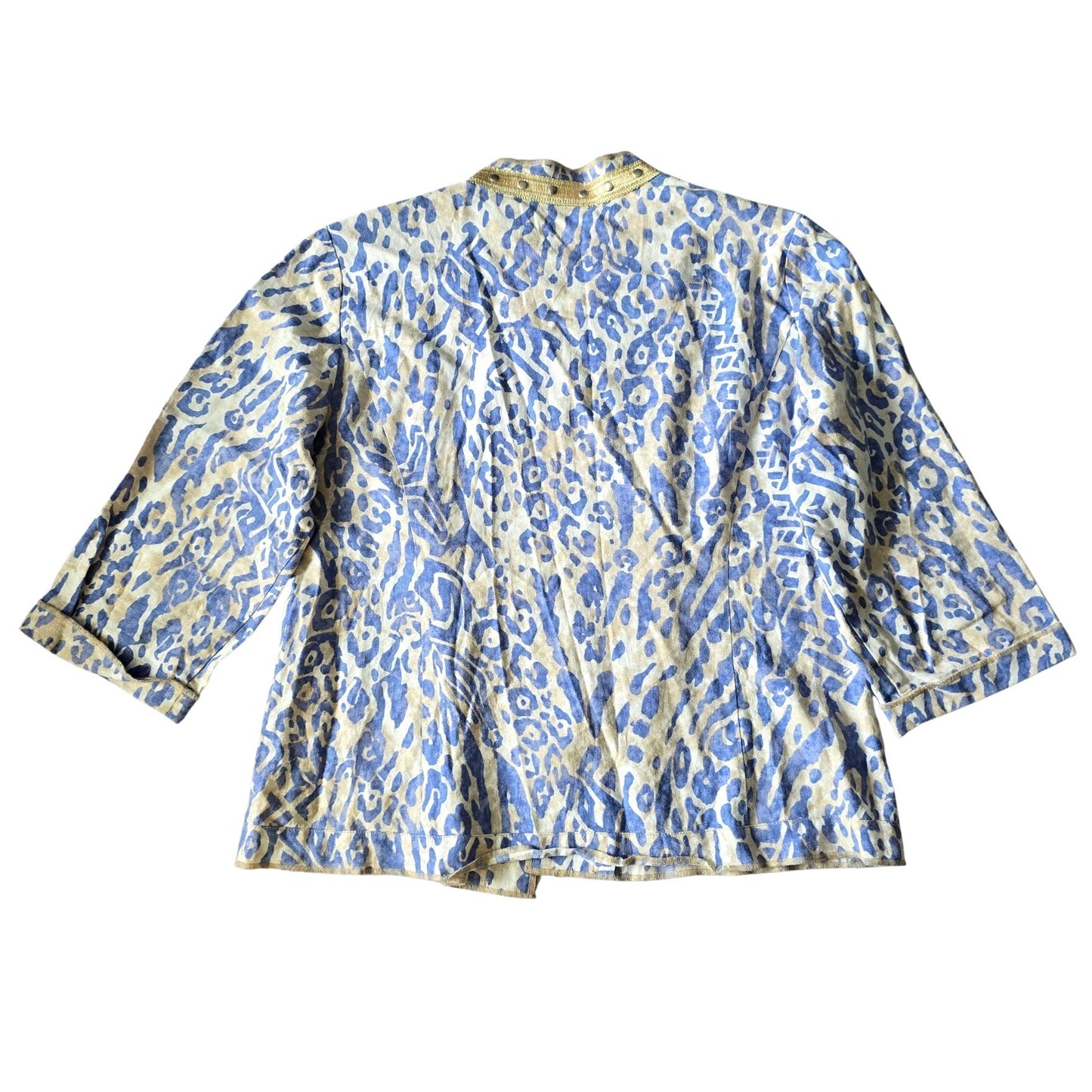 Chico's Blue Open Front 3/4 Sleeve Studded Animal Linen Preppy Jacket 1 Medium