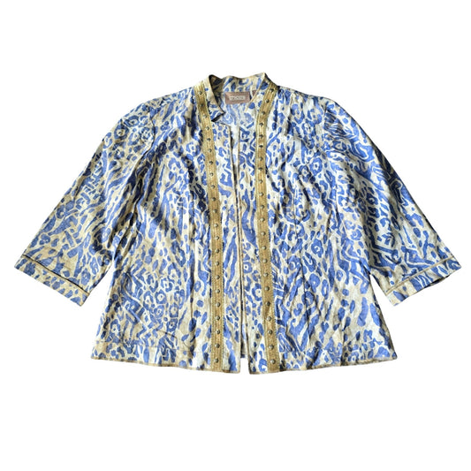 Chico's Blue Open Front 3/4 Sleeve Studded Animal Linen Preppy Jacket 1 Medium