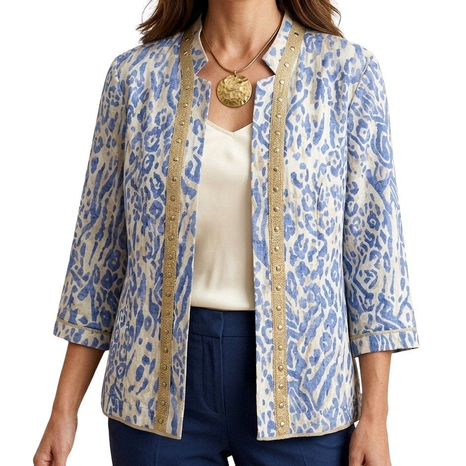 Chico's Blue Open Front 3/4 Sleeve Studded Animal Linen Preppy Jacket 1 Medium