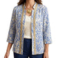 Chico's Blue Open Front 3/4 Sleeve Studded Animal Linen Preppy Jacket 1 Medium