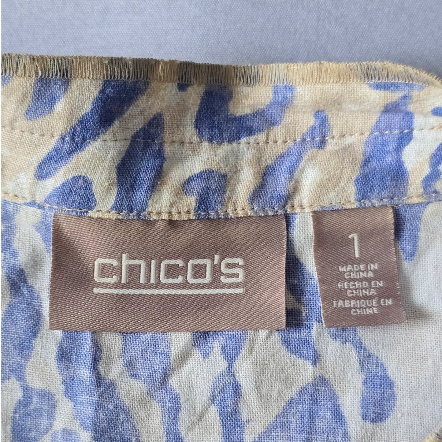 Chico's Blue Open Front 3/4 Sleeve Studded Animal Linen Preppy Jacket 1 Medium