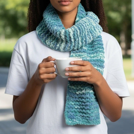 Blue Y2K Vintage Chunky Knitted Cottage Granny Swan Cozy Wrap Shawl Scarf OS