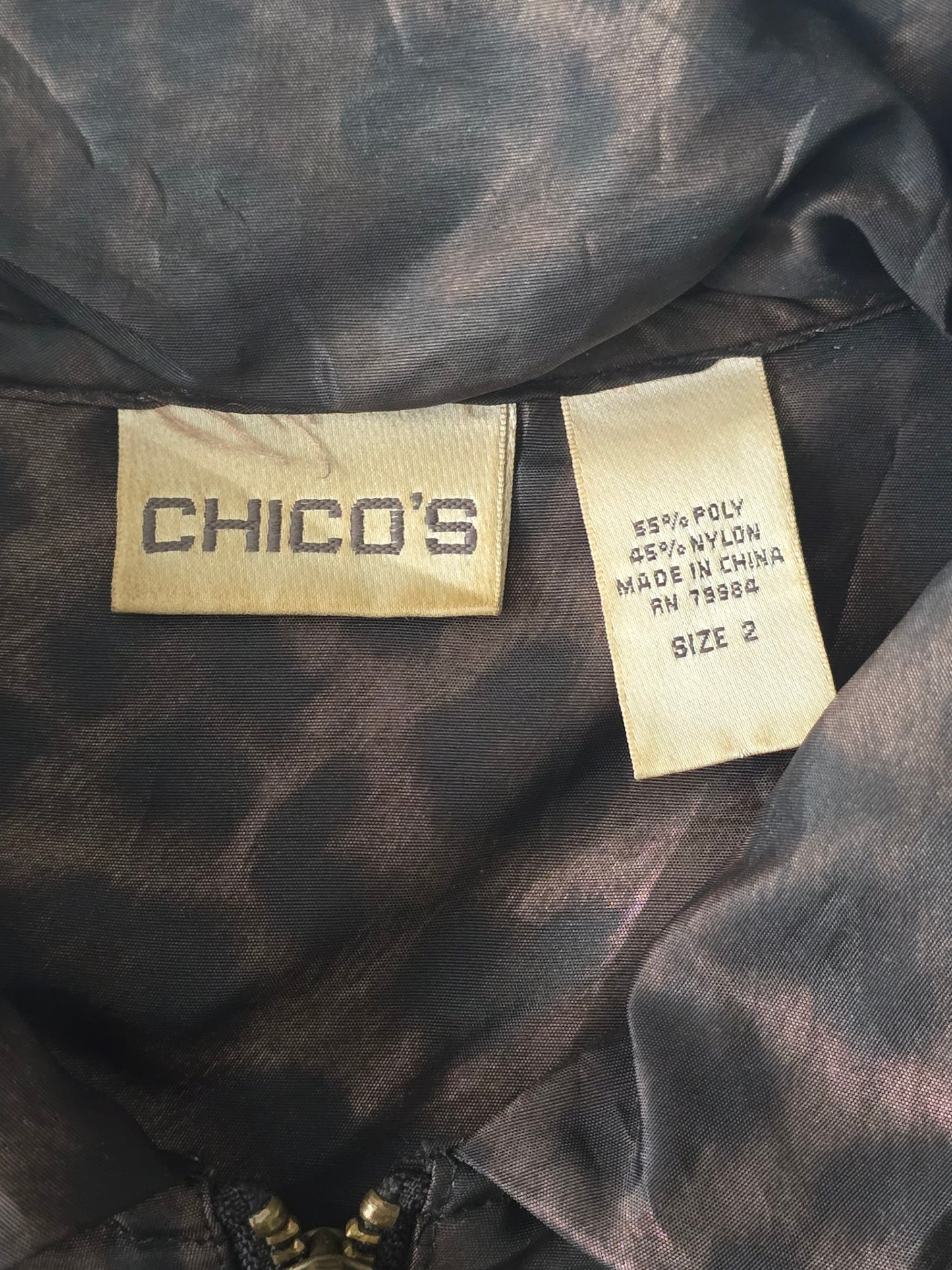 Chico's Animal Print Full Zip 3/4 Sleeve Pocket Brown Whimsy Goth Jacket 2 Large