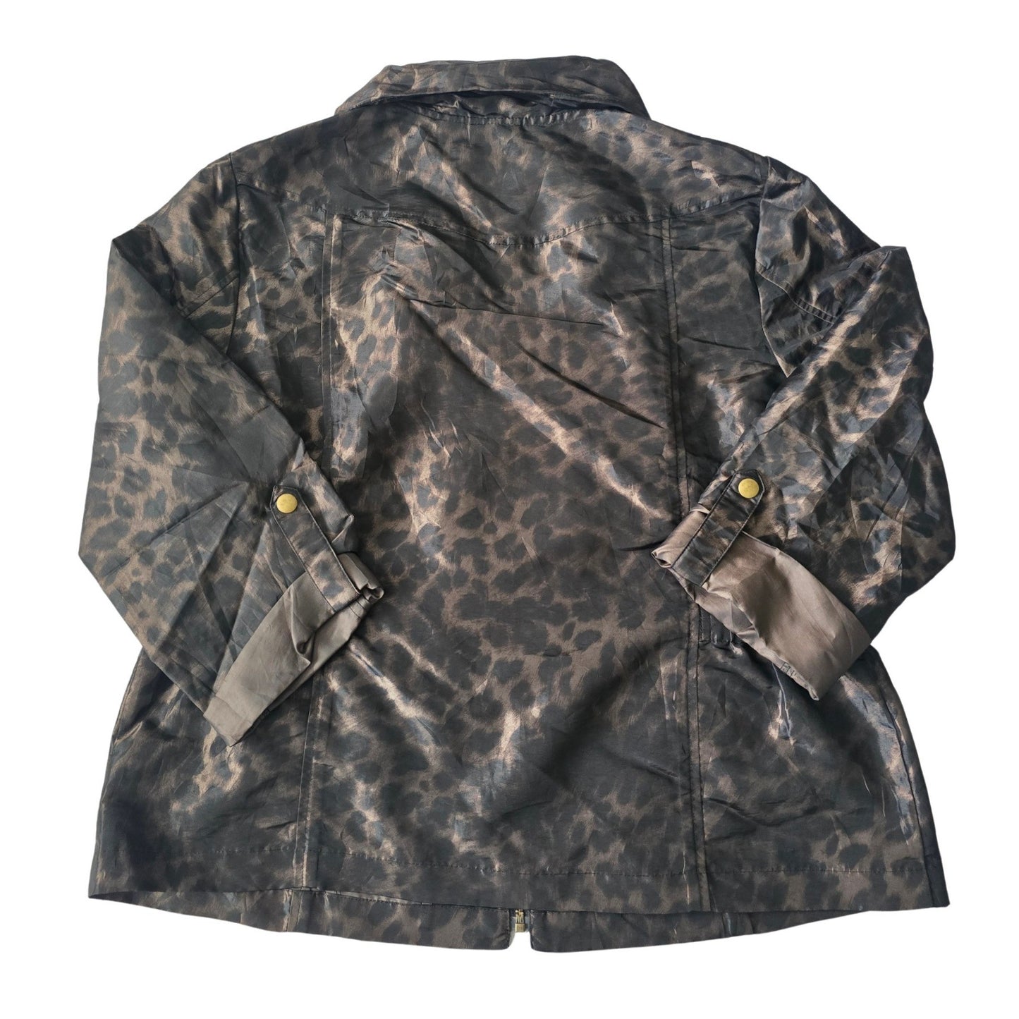Chico's Animal Print Full Zip 3/4 Sleeve Pocket Brown Whimsy Goth Jacket 2 Large