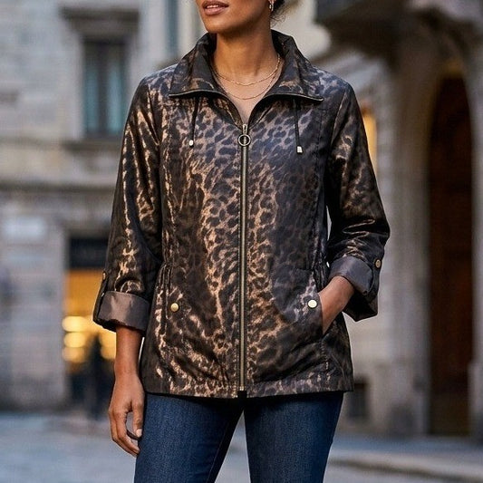 Chico's Animal Print Full Zip 3/4 Sleeve Pocket Brown Whimsy Goth Jacket 2 Large