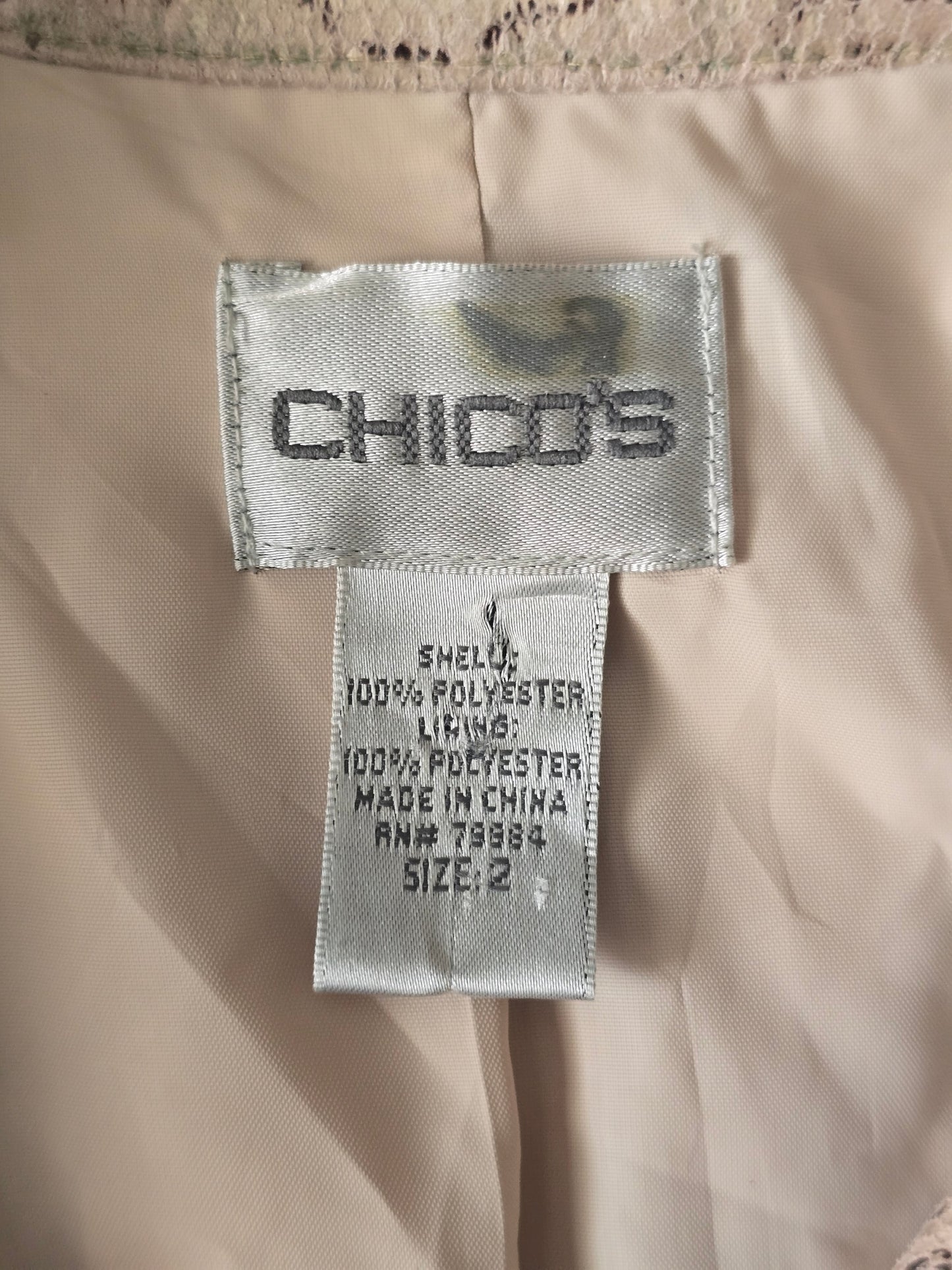 Chico's Animal Print Glam Full Zip Ruched 3/4 Sleeves Chic Cream Jacket 2 Large