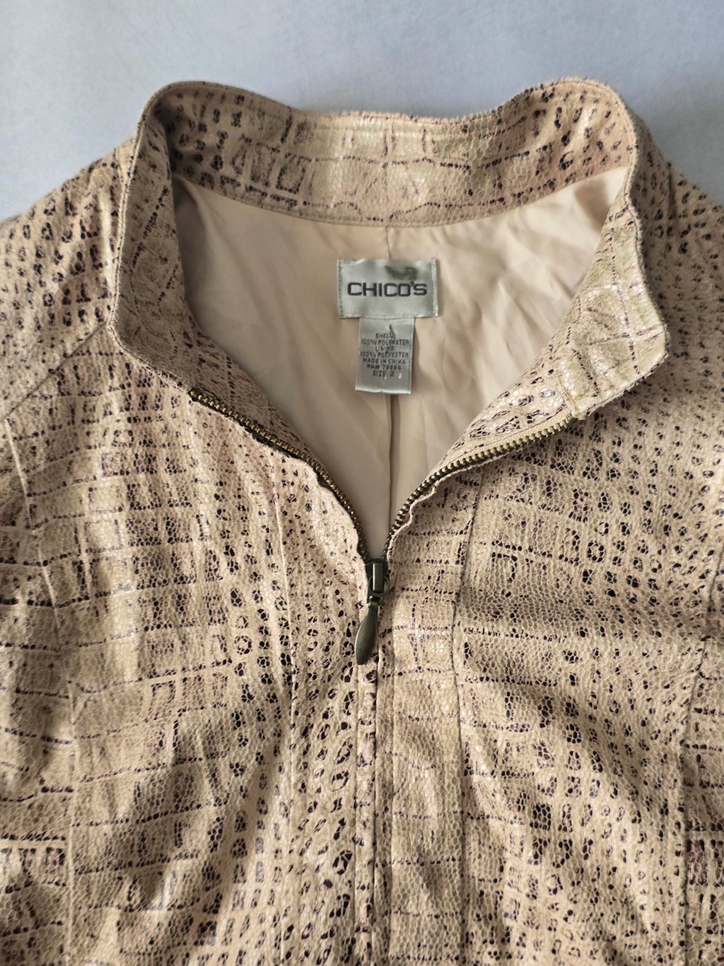 Chico's Animal Print Glam Full Zip Ruched 3/4 Sleeves Chic Cream Jacket 2 Large